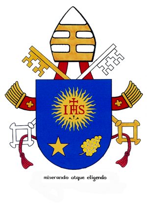 The coat of arms of Pope Francis borrows much from his former episcopal emblem. On the blue shield is the symbol of the Society of Jesus. Below it is a five-pointed star and the buds of a spikenard flower, which represent respectively Mary and St. Joseph. The papal motto is the Latin phrase “Miserando atque eligendo,” which means “because he saw him through the eyes of mercy and chose him" or more simply, “having mercy, he called him.” The phrase comes from a homily by St. Bede. CNS