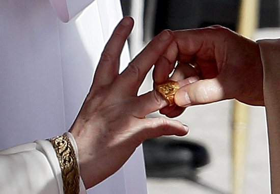 Pope Francis receives his ring from Cardinal Angelo Sodano, dean of the College of Cardinals, during his inaugural Mass in St. Peter's Square at the Vatican March 19. CNS photo / Paul Haring