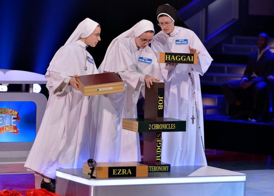Sisters Evangeline, Peter Joseph and Maria Suso participate in "The American Bible Challenge." CNS photo/Lisa Rose, courtesy GSN