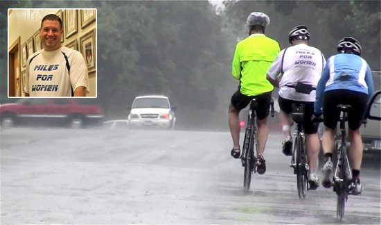 Bill Currie, inset, his wife Juli and friend Dan Blake peddle through the rain in St. Paul June 12. Caroline Rode/The Catholic Spirit