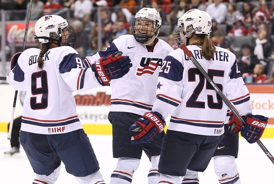Anne Schleper, center, celebrates with teammates after a goal in an exhibition hockey game in late December 2013 at Air Canada Center in Toronto. CNS photo/Tom Szczerbowski, USA TODAY Sports via Reuters