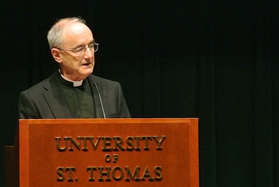 Jesuit Father Michael Czerny, chief of staff to Cardinal Peter Turkson, president of the Pontifical Council for Justice and Peace, gives an address Nov. 5 at the Faith, Food & the Environment symposium at the University of St. Thomas in St. Paul. Dianne Towalski, The Visitor