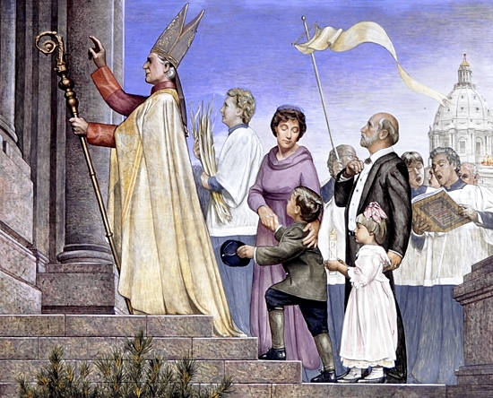 A fresco by Mark Balma in the Cathedral of St. Paul’s south transept depicts Archbishop John Ireland at the cathedral’s first Mass. Courtesy Mark Balma