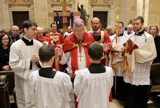 Archbishop John Nienstedt prays a blessing over the palms at the start of the Palm Sunday Mass at the Cathedral of St. Paul March 29. Dave Hrbacek / The Catholic Spirit