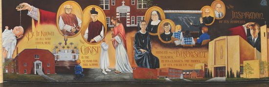 A new mural inside Immaculate Conception School in Columbia Heights depicts the sacramental life of a student and the parish history. The school commissioned the mural by artist Carole Bersin in honor of its 75th anniversary. Photo by John P. Ashmore