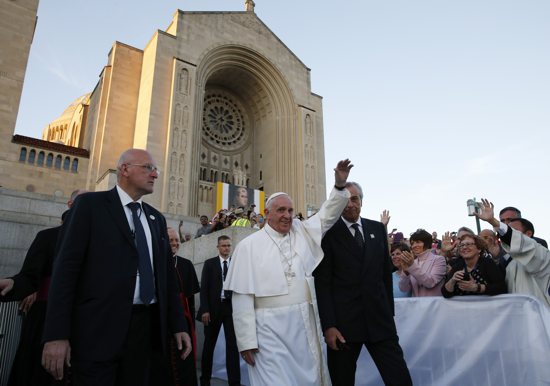 Pope Francis waves as he leaves the Basilica of the National Shrine of the Immaculate Conception after celebrating Mass and the canonization of Junipero Serra Sept. 23 in Washington. CNS