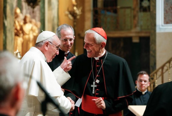 Pope Francis greets Washington Cardinal Donald Wuerl of Washington as the pope meets with U.S. bishops in the Cathedral of St. Matthew the Apostle in Washington Sept. 23. CNS/Paul Haring)