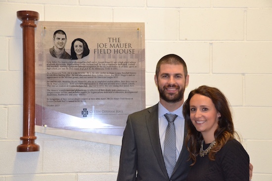 Joe and Maddie Mauer at the dedication of the newly named Joe Mauer Field House at Cretin-Derham Hall High School in St. Paul.