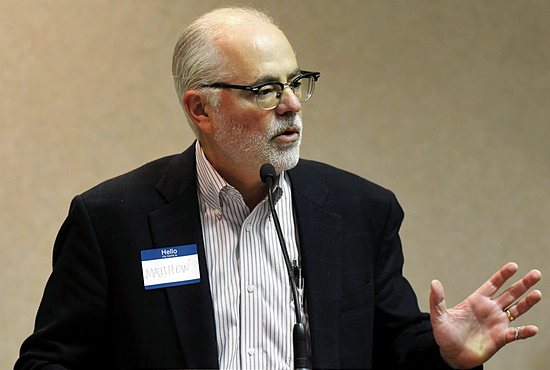 Matthew Christoff, a co-leader of Catholic Man Night, speaks to a group of 40 men at Nativity of Our Lord church in St. Paul Oct. 1. Jim Bovin/For The Catholic Spirit.