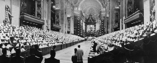 Bishops of the world line the nave of St. Peter’s Basilica during the opening session of the Second Vatican Council Oct. 11, 1962. Catholic News Service