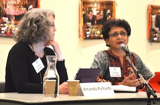 Mental health professionals Amanda Richards (left) and Niloufer Merchant answer frequently asked questions during the first segment of a four-part series on responding to abuse at the Basilica of St. Mary in Minneapolis.