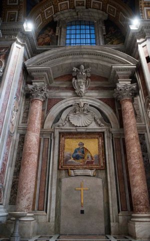Cement covers the Holy Door in St. Peter's Basilica at the Vatican April 18. Pope Francis will open the Holy Door in St. Peter's Dec. 8 during a Mass marking the opening of the Holy Year of Mercy. CNS photo/Alessia Giuliani, Catholic Press Photo)