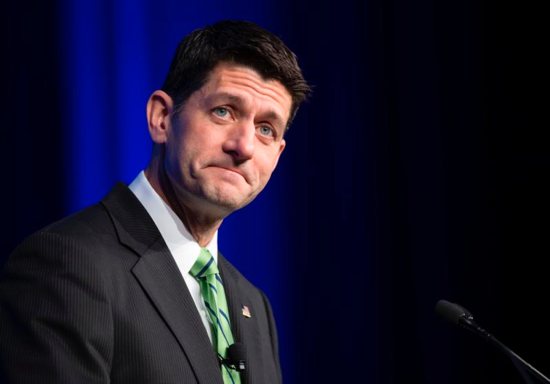 U.S. House Speaker Paul Ryan, R-Wis., pauses as he speaks at the National Catholic Prayer Breakfast May 17 in Washington. CNS photo/Bob Roller