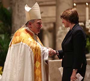 Archbishop Bernard Hebda greets Sen. Amy Klobuchar after she gave remarks at the Rite of Reception May 12 at the Basilica of St. Mary in Minneapolis. Dave Hrbacek/The Catholic Spirit