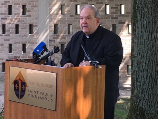 Archbishop Bernard Hebda speaks to media on the lawn of his residence May 24. Jessica Trygstad/The Catholic Spirit