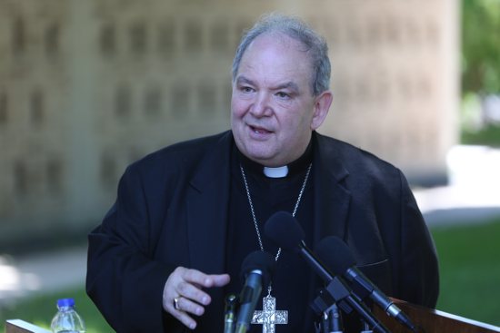 Archbishop Bernard Hebda speaks to media May 26 following the filling of a plan for Reorganization by the Archdiocese of St. Paul and Minneapolis. Dave Hrbacek/The Catholic Spirit