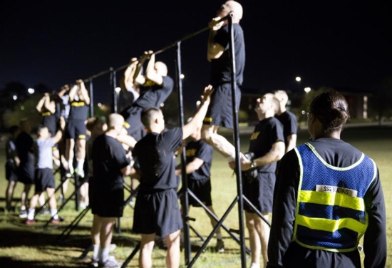 Clergy members from a various faith traditions participate in physical training exercises at Fort Jackson in Columbia, S.C., in March as part of their training to become Army chaplains. CNS photo/Chaz Muth
