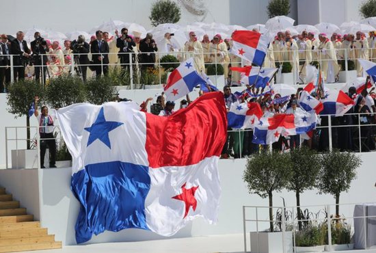 Panamanian flags are seen after Pope Francis celebrated the World Youth Day closing Mass July 31 at the Field of Mercy in Krakow, Poland. Pope Francis announced that Panama will host World Youth Day in 2019. CNS photo/Bob Roller