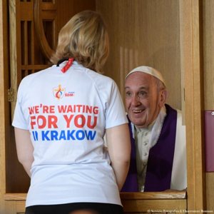 Pope Francis hears a confession as he visits the Divine Mercy Shrine in Lagiewniki, a suburb of Krakow, Poland, July 30. CNS photo/L'Osservatore Romano, handout
