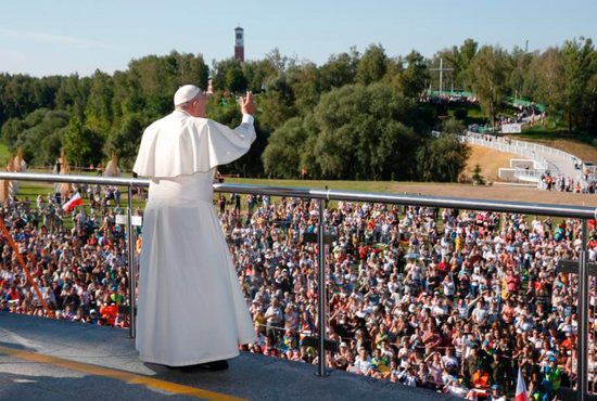 Pope Francis greets the crowd as he visits the Divine Mercy Shrine in Lagiewniki, a suburb of Krakow, Poland, July 30. CNS photo/Paul Haring