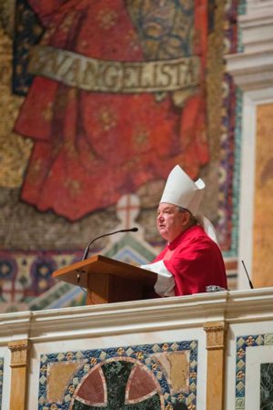 Archbishop Bernard A. Hebda of St. Paul and Minneapolis delivers the homily during the annual Red Mass at the Cathedral of St. Matthew the Apostle in Washington Oct. 2. The Mass traditionally marks the start of the court year, including the opening of the Supreme Court term. CNS photo/Jaclyn Lippelmann, Catholic Standard