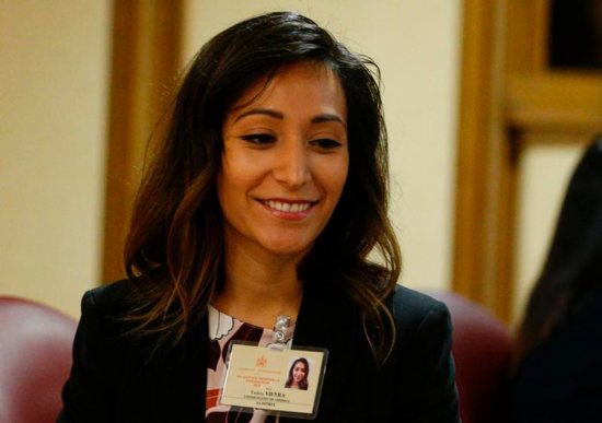 Yadira Vieyra, a synod delegate who works with migrant families in Chicago, attends a session of the Synod of Bishops on young people, the faith and vocational discernment at the Vatican Oct. 11.