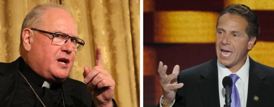 New York Cardinal Timothy M. Dolan and New York Gov. Andrew Cuomo are seen in a 2017 and 2016 combination photo. On SiriusXM radio Jan. 29, 2019, Cardinal Dolan took issue with Cuomo on several fronts, including the governor's claim he is more in tune with Pope Francis than the bishops are when it comes to advocating for victims of sex abuse.