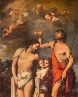 Rome, Italy - March 9, 2016: Rome - The Baptism of Christ painting in Basilica di Santa Maria del Popolo by Pasquale Rossi mid. 18. cent.