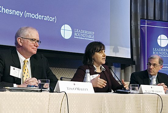 Susan Mulheron, center, chancellor for Canonical Affairs in the Archdiocese of St. Paul and Minneapolis, makes a point during a panel discussion Feb. 2 in Washington on “Emerging Best Practices for Responding to Sexual Abuse” organized by the Leadership Roundtable. Mulheron and Tim O’Malley, left, director of the archdiocese’s Ministerial Standards and Safe Environment, appeared on the panel with Francesco Cesareo, chairman of the National Review Board, right. Not pictured but moderator of the panel is Kathleen McChesney, former executive director of what is now the U.S. bishops’ Secretariat for Child and Youth Protection.