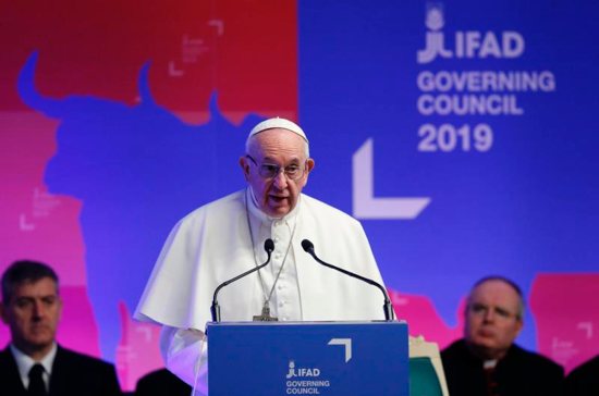 Pope Francis addresses the governing council of the International Fund for Agricultural Development at the headquarters of the U.N. Food and Agriculture Organization in Rome Feb. 14, 2019. 