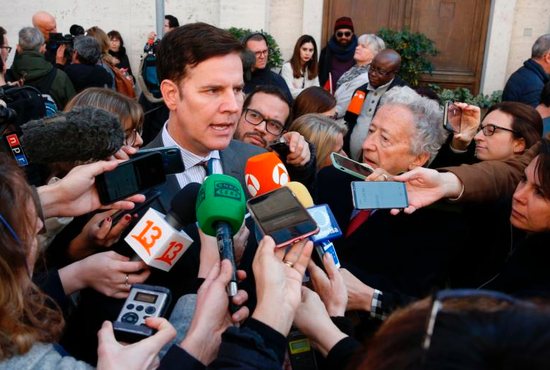 Juan Carlos Cruz, a victim of clergy sexual abuse in Chile, speaks with journalists near the Vatican in Rome Feb. 20, 2019.