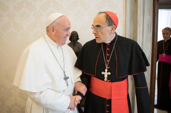 Pope Francis meets with French Cardinal Philippe Barbarin of Lyon at the Vatican March 18, 2019. Cardinal Barbarin said he was meeting with the pope to hand in his resignation after being convicted of covering up sexual abuse committed by a priest.