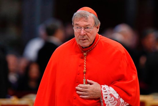 In this 2015 file photo, Australian Cardinal George Pell, prefect of the Vatican Secretariat for the Economy, is seen at the Vatican. A man Cardinal Pell was convicted of sexually assaulting said he is finding it hard to "take comfort" in the cardinal's six-year jail sentence because a request to appeal the conviction is due to be heard June 5.