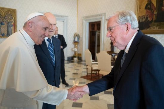 Pope Francis meets March 9, 2019, with M. Russell Ballard, president of the Quorum of the Twelve Apostles of the Church of Jesus Christ of Latter-day Saints. Ballard and other top officials of the church met the pope at the Vatican the day before inaugurating Rome's new Mormon temple. 