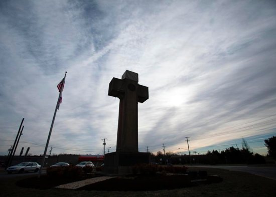 A cross-shaped World War I memorial, a landmark in Bladensburg, Md., is pictured Feb. 26, 2019. The U.S. Supreme Court will hear oral arguments Feb. 27 to consider if the 40-foot cross endorses religion or is just a secular memorial. The cement and marble cross, which is on a median strip on government property in Bladensburg, memorializes local soldiers who died in World War I.