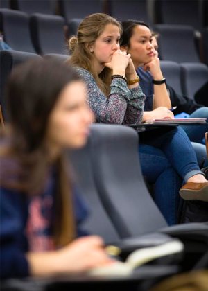 Students at The Catholic University of America in Washington listen to Serrin Foster, president of Feminists for Life of America, deliver her acclaimed lecture, "The Feminist Case Against Abortion," March 20, 2019. 