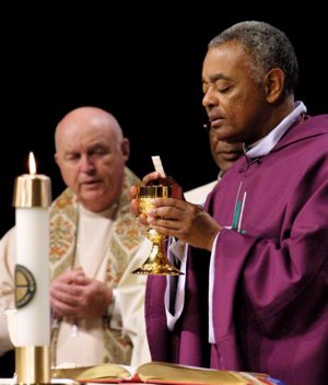 Then-Bishop Wilton D. Gregory of Belleville, Ill., president of the U.S. Conference of Catholic Bishops at the time, celebrates Mass June 13, 2002, during the bishops' spring meeting in Dallas. Three years later he was named archbishop of Atlanta. On April 4, 2019, Pope Francis named Archbishop Gregory to head the Archdiocese of Washington.