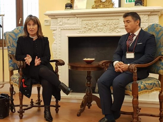 Baroness Helena Ann Kennedy, director of the International Bar Association's Human Rights Institute, and Leonardo Javier Raznovich, member of the Inter-American Institute of Human Rights, talk with journalists in Rome April 5, 2019. A 50-member delegation of lawyers, politicians and human rights advocates met with Cardinal Pietro Parolin, Vatican secretary of state, to discuss the decriminalization of homosexuality.