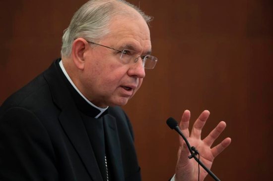 Archbishop Jose H. Gomez of Los Angeles speaks during a lecture at The Catholic University of America in Washington Feb. 6, 2019. The Los Angeles Archdiocese and five other California dioceses, Fresno, Orange, Sacramento, San Bernardino and San Diego, announced a new independent compensation program for sex abuse victims. Archbishop Gomez and the state's other Catholic bishops also are speaking out against a bill to do away with the seal of confession in cases of abuse.