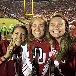 Emily Clark, right, with friends Tati Rodriguez, left, and Kate Hawley at a University of Oklahoma football game at Gaylord Memorial Stadium in Norman, Okla., Sept. 16, 2016.