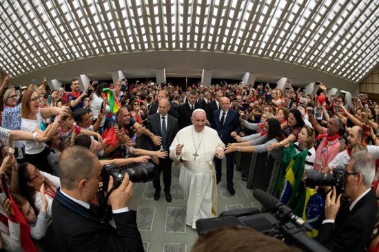 Pope Francis arrives for an audience with members of the Catholic Charismatic Renewal International Service in Paul VI hall at the Vatican June 8, 2019.