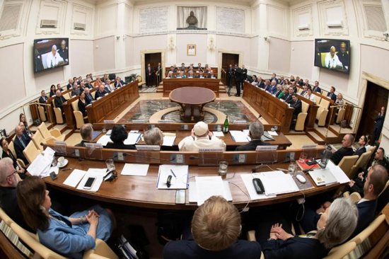 Pope Francis speaks to executives of leading energy, petroleum and natural gas companies, leaders in investment firms and climate scientists during a meeting at the Vatican June 14, 2019. "Today's ecological crisis, especially climate change, threatens the very future of the human family, and this is no exaggeration," he told them.