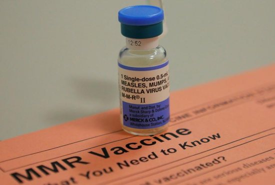 A vial of the vaccine for measles, mumps and rubella