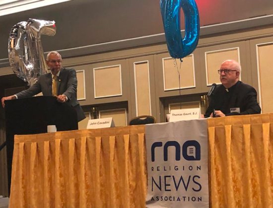 University of Notre Dame professor John Cavadini and Jesuit Father Thomas Gaunt of the Center for Applied Research in the Apostolate take questions from the audience