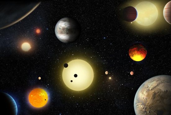 Concept art depicting planetary discoveries made by NASA's Kepler space telescope.