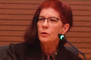 Mitchell Baker, chairwoman of Mozilla, speaks at the conference, "The Common Good in the Digital Age," at the Vatican Sept. 26, 2019. The Vatican-sponsored conference brought together Silicon Valley CEOs and technology specialists to discuss ethical issues faced in the digital age.