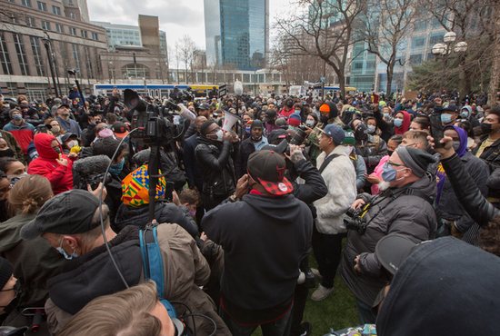 People gather in downtown Minneapolis near the Hennepin County Government Center April 20 to await the verdict in the trial of former Minneapolis police officer Derek Chauvin, who was convicted on all counts.