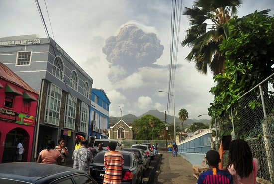 Ash and smoke billow as the La Soufrière volcano erupts in Kingstown on the eastern Caribbean island of St. Vincent April 9, 2021. Pope Francis expresses his solidarity with the people of St. Vincent and the Grenadines as the volcano continues to erupt, displacing thousands.