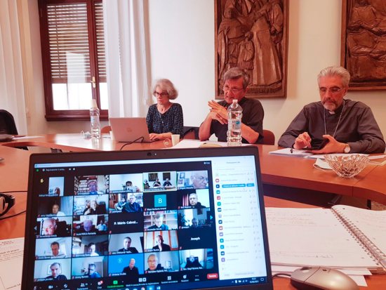 Leaders of the secretariat of the Synod of Bishops are pictured at the Vatican during an online meeting with presidents and general secretaries of national and regional bishops' conferences June 15, 2021. The meeting was held to explain the expanded consultation process in preparation for the world Synod of Bishops in 2023. From left are: Xaviere Missionary Sister Nathalie Becquart, synod undersecretary; Cardinal Mario Grech, synod secretary; and Bishop Luis Marín de San Martín, synod undersecretary. 