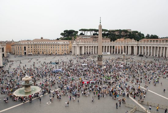 People in St. Peter's Square at the Vatican attend the Angelus led by Pope Francis June 20, 2021. In his Angelus message, the pope renewed his appeal for peace in Myanmar and for the world to come to the aid of the country's people "who are displaced and have been dying of hunger."